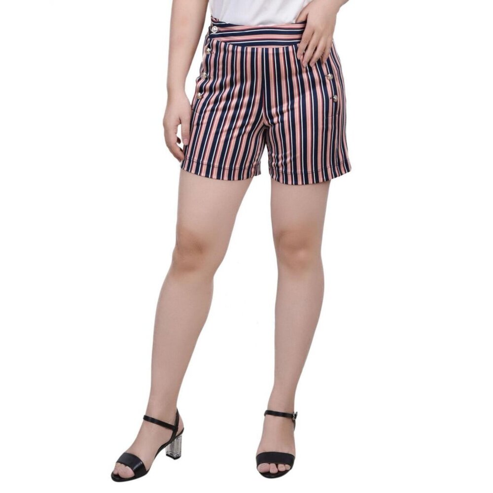 NWT Ny Collection Petite Yoked Sailor Shorts PITP6641 PL Black / Coral Stripe